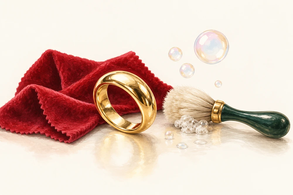Illustration: A gold ring, soft cleaning brush and delicate bubbles