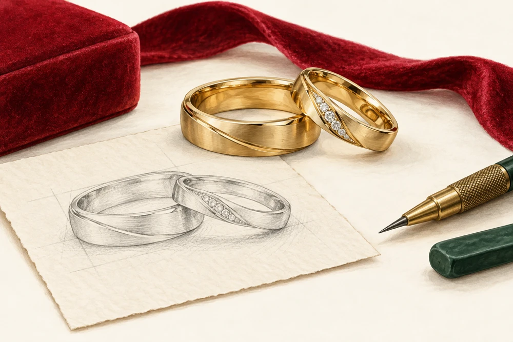 Illustration: Two gold wedding bands beside a design sketch